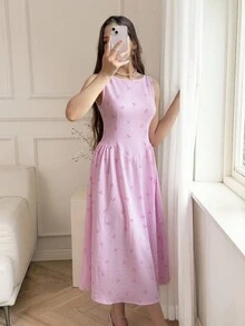 少女蝴蝶结条纹圆领无袖百褶休闲连衣裙 - 粉色 - 查看 5