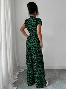 Chiquease Women's Elegant Stand Collar Open Front Short Sleeve Cinched Waist Wide Leg Jumpsuit Leopard Print Jumpsuit Green Jumpsuit Casual Jumpsuit Women Jumpsuit Green Leopard Jumpsuit