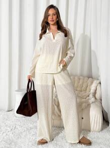 Auralis 大码纯色长袖上衣和裤子休闲两件套 - 杏色 - 查看 4