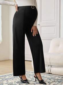SHEIN Maternity Solid Color Waist Buckle Design Wide Leg Loose Elegant Office Pants - Black - View 4
