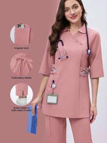 Scrubzie Asymmetrical Collar Embroidered Long Scrub Uniform Top