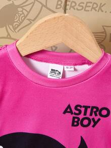 Astro Boy X SHEIN 2 peças/Conjunto Camiseta de Manga Longa com Gola Redonda e Estampa Fofa de Menina Cartoon & Letra e Legging Listrada, Pijama Casual e Confortável, Primavera/Outono