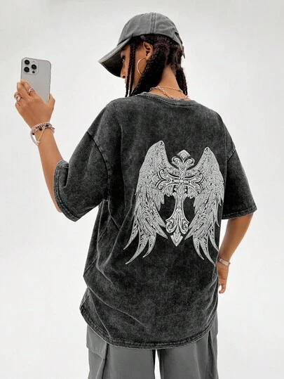 Coolane Women's Halloween Clothes Streetwear Sportswear Washed Casual Punk Goth Wing Print T-Shirt