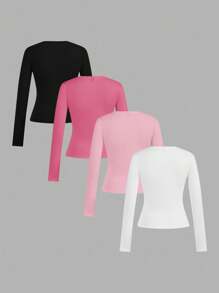 SHEIN EZwear 4 件套女士黑色、白色、粉色圆领休闲修身长袖 T 恤套装，适合秋冬季 - 彩色 - 查看 2