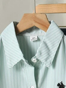 1pc Girls' Turndown Collar Long Sleeve Button-Up Striped Shirt With Embroidered Front Graphic, Casual Blouse For Autumn Fall Winter - Green - View 5