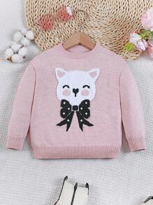 SHEIN 女童提花圆领长袖套头毛衣，秋冬季百搭单品 - 粉色 - 查看 2