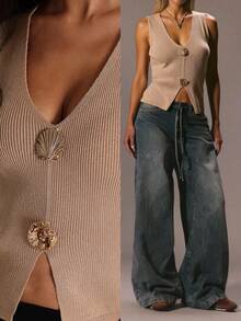 Avantive A Apricot-Colored Knit Top With Metal Buttons Street Wear Teacher For Women Fall Vacation Woman Going Out Tops Women Business Casual Woman Country Concert Old Money Style Women Tube Tops Western Wear Women Sexy Concert For Women Fall Tops Sweater Going Out - Apricot - View 1