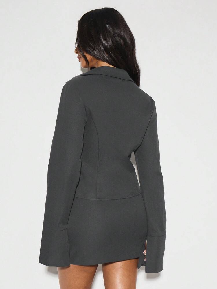 KIZN Asymmetric Button Front Blouse With Bell Sleeves