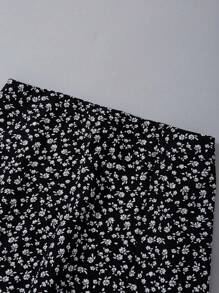 EMERY ROSE 2pcs Set: Casual Solid Color Bodysuit & Ditsy Floral Split Skirt, Autumn Fall Cloth For Women - Black - View 4