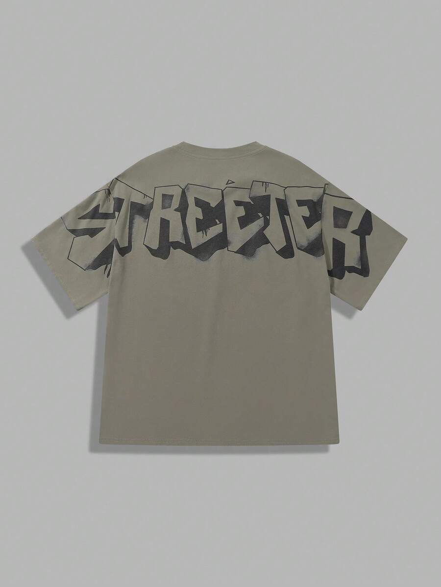 SHEIN Camiseta casual confortável estilo americano vintage folgada, gola redonda, estampa inglesa, manga curta, adequada para uso no verão, 1 peça