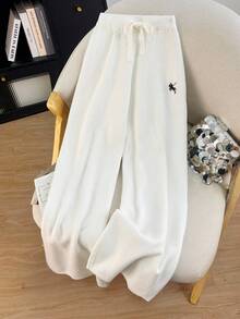 INAWLY Women's Knight Design Drawstring Waist Wide Leg Loose Knit Pants - Apricot - View 1