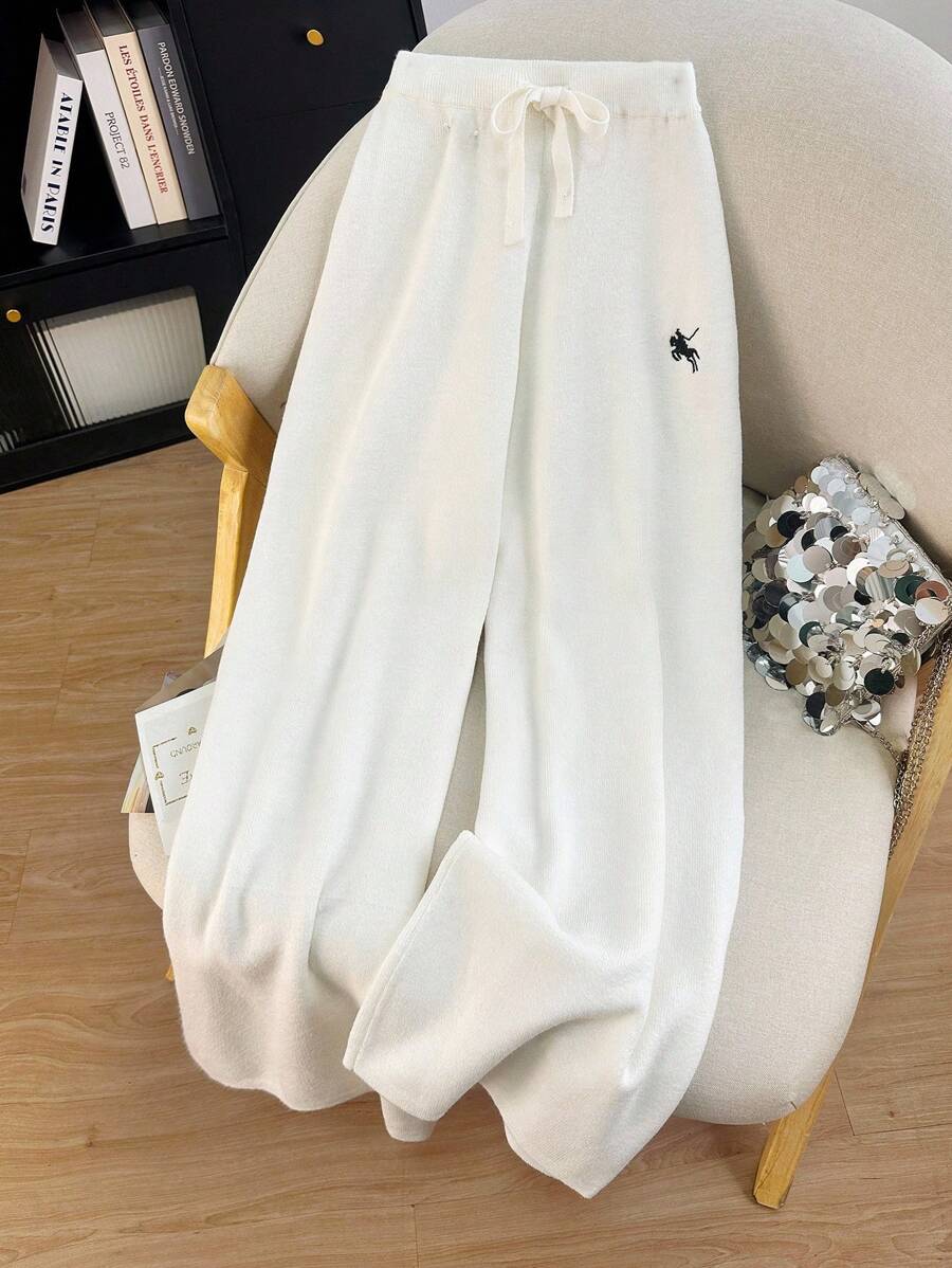 INAWLY Women's Knight Design Drawstring Waist Wide Leg Loose Knit Pants - Apricot - View 1