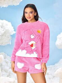 SHEIN X Care Bears 女士卡通刺绣长袖上衣和短裤睡衣套装，秋季服装 - 粉色 - 查看 3