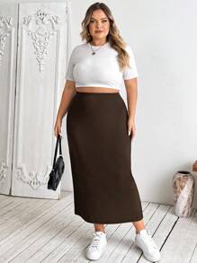 SHEIN CURVE+ 大码女式黑色针织弹力紧身及膝裙 - 棕色 - 查看 8