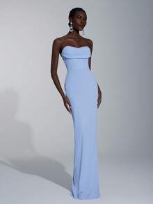 Elitara 优雅简约开衩领口合身长裙，后背开衩，适合伴娘