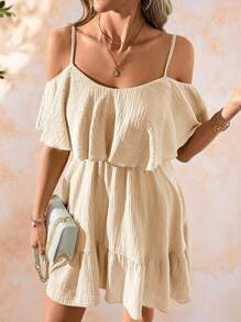 SHEIN Clasi Women's Elegant Romantic Solid Green Fabric Texture Ruffle Ruffle Hem Slip Dress, Spring/Summer Holiday,Summer Dresses For Women - Apricot - View 4