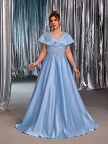 Glamrae 加大码优雅浪漫奢华 3D 花卉设计缎面喇叭袖长裙，适合晚会、约会、舞会、毕业典礼、婚礼、正式场合（重磅装饰） - 藍色 - 查看 6