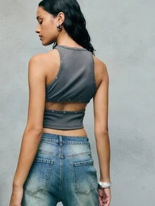 TypaGal Charcoal Gray Edgy Cropped Tank With Metal Detailing And Cutouts,Summer Chic Everyday Alt Goth Inspiration Fall Halloween Costume Base Gym Top - Grey - View 2