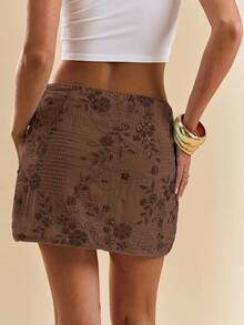 SHEIN BAE 女式夏季度假串珠刺绣迷你裙 - 棕色 - 查看 2