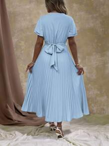 Roveilla 大码女式 V 领荷叶边荷叶边下摆短袖 A 字形连衣裙