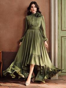 Anewsta 女式优雅 3D 花卉高领长灯笼袖荷叶边下摆高低连衣裙，秋季 - 綠色 - 查看 5