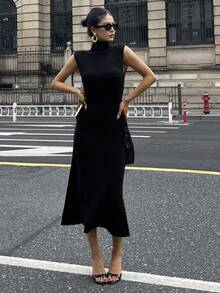 DAZY 女式纯色修身腰高领短袖优雅长款毛衣裙，秋冬 - 黑色 - 查看 6