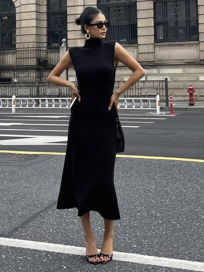 DAZY 女式纯色修身腰高领短袖优雅长款毛衣裙，秋冬
