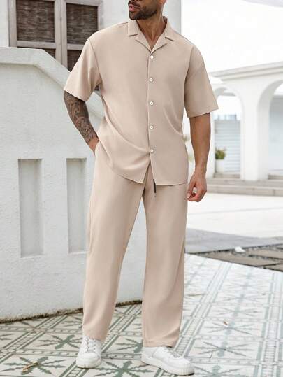 Manfinity Homme Plus Size Men's Solid Color Cuban Collar Shirt + Drawstring Elastic Waist Casual Pants Set, Cozy Outfits