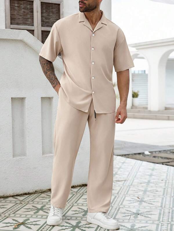 Manfinity Homme Plus Size Men's Solid Color Cuban Collar Shirt + Drawstring Elastic Waist Casual Pants Set, Cozy Outfits