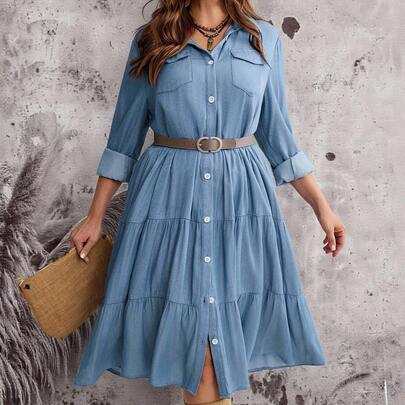 플러스플러스 사이즈 블루 싱글 브레스트 캐주얼 드롭 숄더 여름 드레스