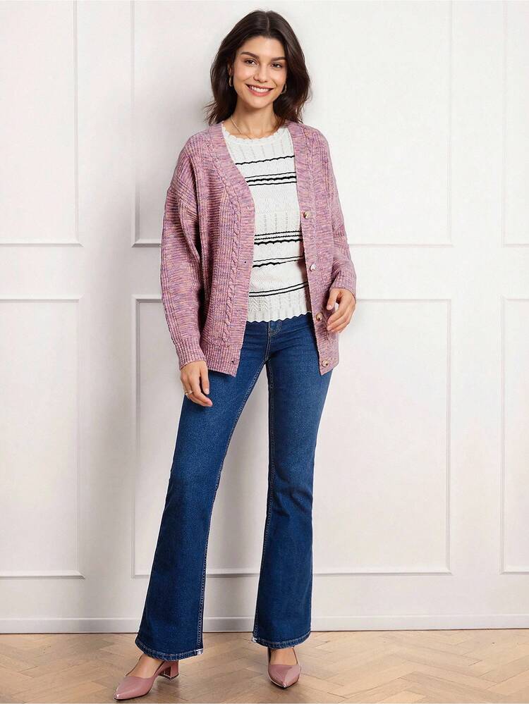 Women Casual Drop Shoulder Loose Cardigan, Valentine's Day Pink Sweater Spring Clothes