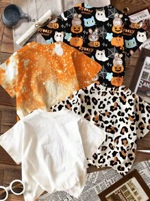 SHEIN Happikins 4pcs/Set Young Girl Cute Halloween Rabbit Bubu Bow Floral Print Kawaii Anime Style Casual Minimalist Round Neck Short Sleeve Basic T-Shirt, Suitable For Spring/Summer - Multicolor - View 2