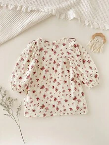 Cozy Pixies 女宝宝休闲度假风格碎花荷叶边装饰灯笼袖宽松连衣裙，春夏秋季 - 彩色 - 查看 2