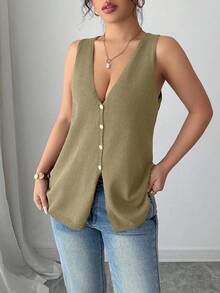Rafferiza Women's Solid Color V-Neck Single-Breasted Casual Loose Knitted Vest - Green - View 5