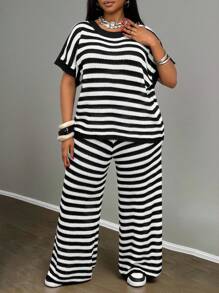 Slaydiva Autumn & Winter New Arrivals, Women Plus Size Sweater Set - Black and White - View 6