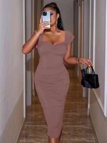 EURMUSE Women's Solid Color Sweetheart Neck Ruffle Sleeve Fitted Elegant Dress - Rusty Rose - View 5