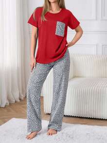 EURMUSE Cotton 2 Pcs Leopard Pocket Detail Short Sleeved Top Pattern Sleep Bottom Homewear Pajama Set Sleeping Dark Red White Animal Print Casual - Red - View 3