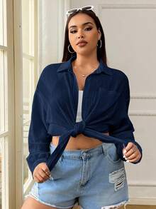 SHEIN EZwear 大尺碼女款休閒百搭海軍藍襯衫，秋季 - 藏蓝色 - 查看 3