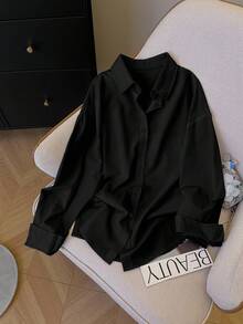 INAWLY 女式加大码纯色长袖单排扣休闲/工作衬衫 - 黑色 - 查看 5