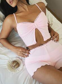 Lowkey Lull Conjunto de pijama casual y sexy de color rosa para mujer - Rosa - Ver 4