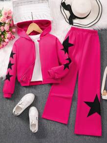 SHEIN 女童 Tween Girl 星星刺绣连帽运动服，适合秋冬季 - 玫紅色 - 查看 1