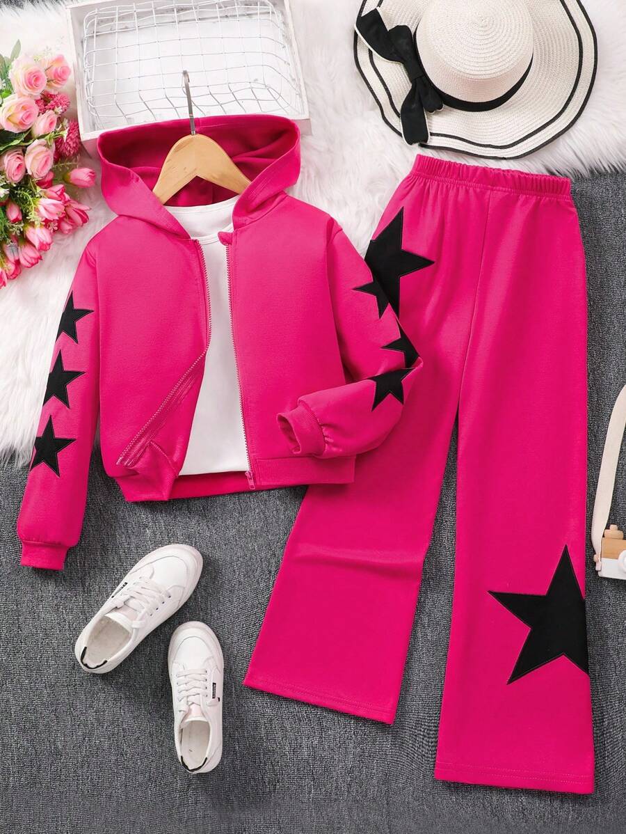 SHEIN 女童 Tween Girl 星星刺绣连帽运动服，适合秋冬季 - 玫紅色 - 查看 1