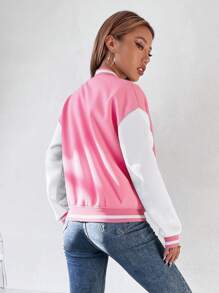Flirla Chaqueta de estilo universitario de color contrastante para mujer, de manga larga - Rosa - Ver 2
