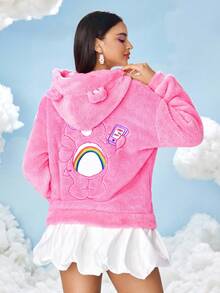 SHEIN X Care Bears 女士卡通刺绣粉色蓬松连帽运动衫
