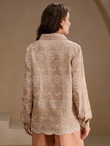 Anewsta Women's Vintage Embroidered Casual Blouse, Suitable For Spring/Summer, Beach - Khaki - View 2
