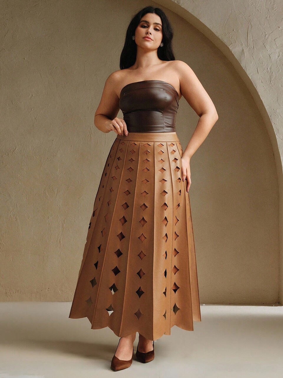 Plus Size Fall Women Chocolate Brown PU Leather Skirts,Autumn Elegant Tea Party Retro Fashionable Workplace Commuting Hollow Craft Loose A-Hem Skirt
