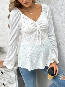 SHEIN 孕妇休闲镂空刺绣修身前抽绳长袖T恤，秋季 - 白色 - 查看 1