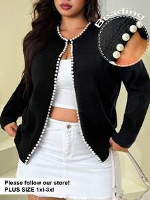 SHEIN EZwear 大码女式珍珠边宽松针织黑色长袖开衫 - 黑色 - 查看 1