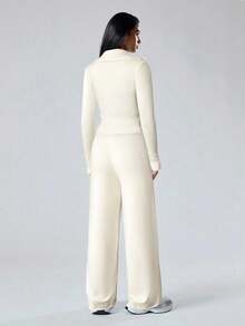 LYSMO Conjunto de 2 piezas de suéter informal de mujer con cardigan con cremallera en color albaricoque y pantalones de punto para otoño/invierno - Albaricoque - Ver 2