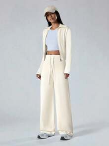 LYSMO Conjunto de 2 piezas de suéter informal de mujer con cardigan con cremallera en color albaricoque y pantalones de punto para otoño/invierno - Albaricoque - Ver 4